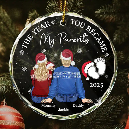 The Year You Became My Parents Family Of Three - Personalized Circle Glass Ornament