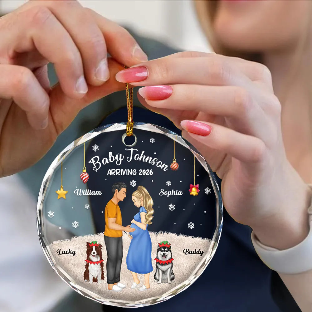New Dad,New baby,New Mom,Christmas,Pet Lovers,Pet Couple,Happy - Expecting Parents Baby Arriving Dog Parents To Human Parents - Personalized Circle Glass Ornament