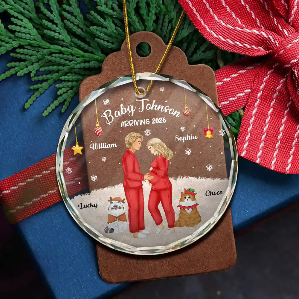 New Dad,New baby,New Mom,Christmas,Pet Lovers,Pet Couple,Happy - Expecting Parents Baby Arriving Dog Parents To Human Parents - Personalized Circle Glass Ornament