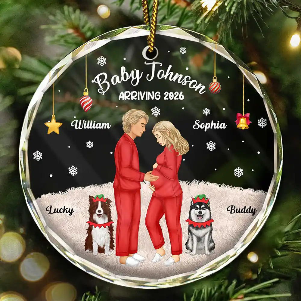 New Dad,New baby,New Mom,Christmas,Pet Lovers,Pet Couple,Happy - Expecting Parents Baby Arriving Dog Parents To Human Parents - Personalized Circle Glass Ornament