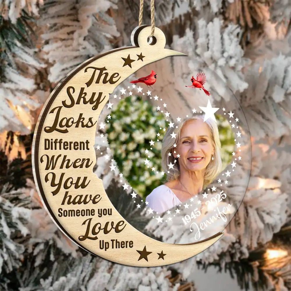 Christmas,Memorial,Custom Photo,Family,Sad - Custom Photo The Sky Look Different When You Have Someone Up There - Personalized 2-Layered Mix Ornament
