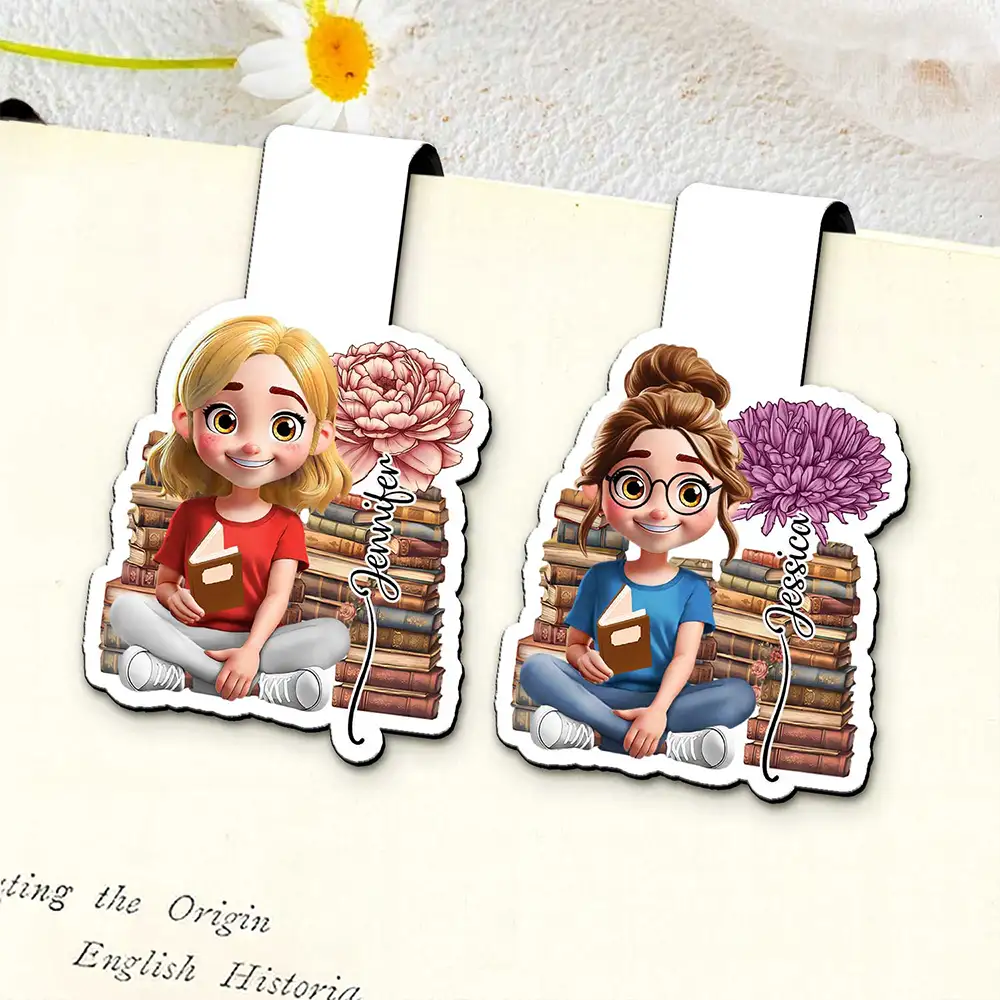 Reading,Gift For Yourself,Gift For Women,Happy - 3D Reading Girl With Birth Month Flower - Personalized Custom Shaped Magnetic Bookmark Clip