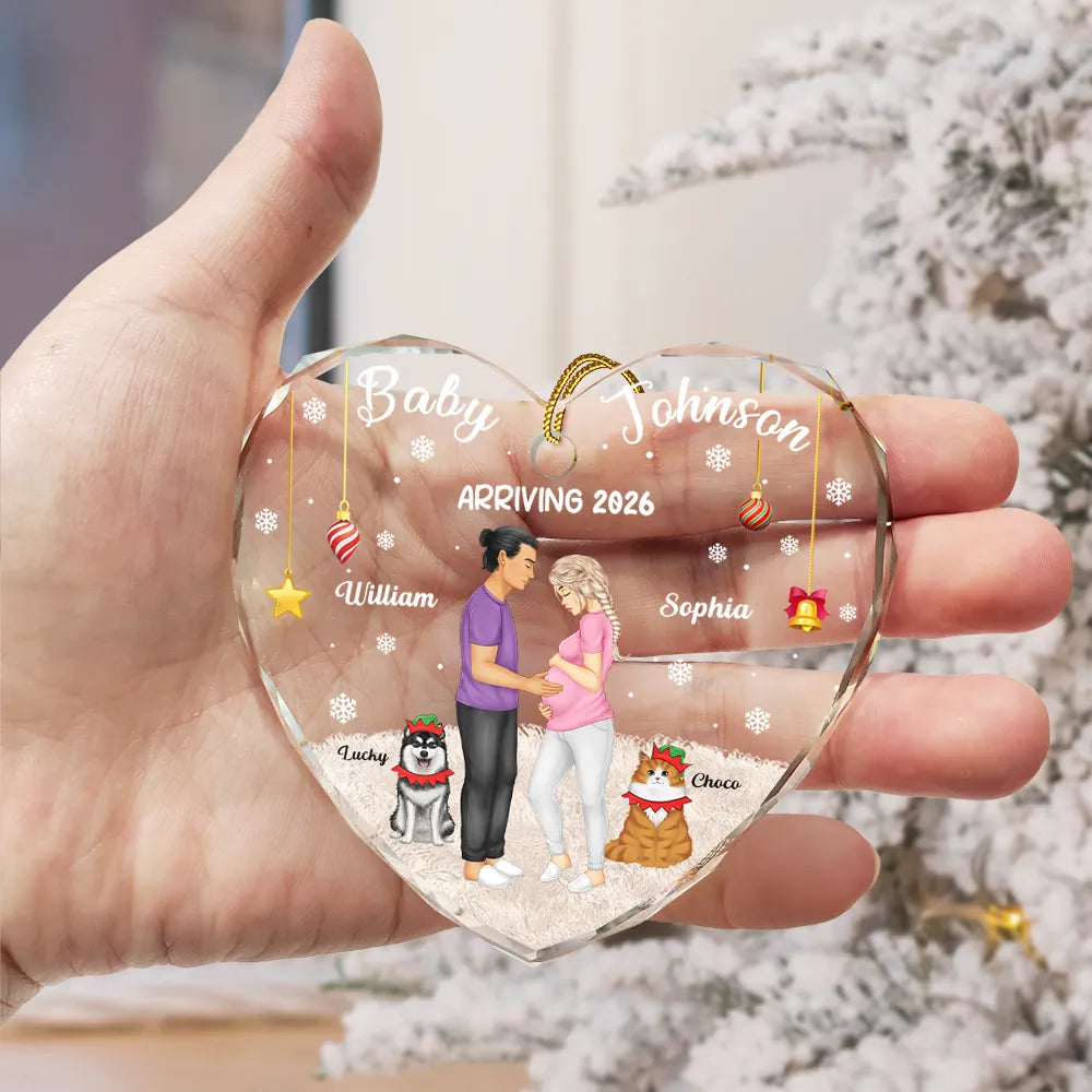 Christmas,New Dad,New baby,New Mom,Happy - Expecting Parents Baby Arriving Dog Parents To Human Parents - Personalized Heart Shaped Glass Ornament