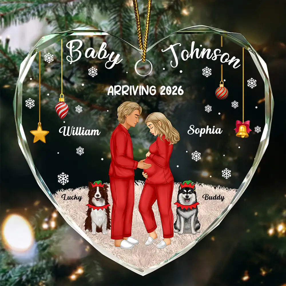 Christmas,New Dad,New baby,New Mom,Happy - Expecting Parents Baby Arriving Dog Parents To Human Parents - Personalized Heart Shaped Glass Ornament