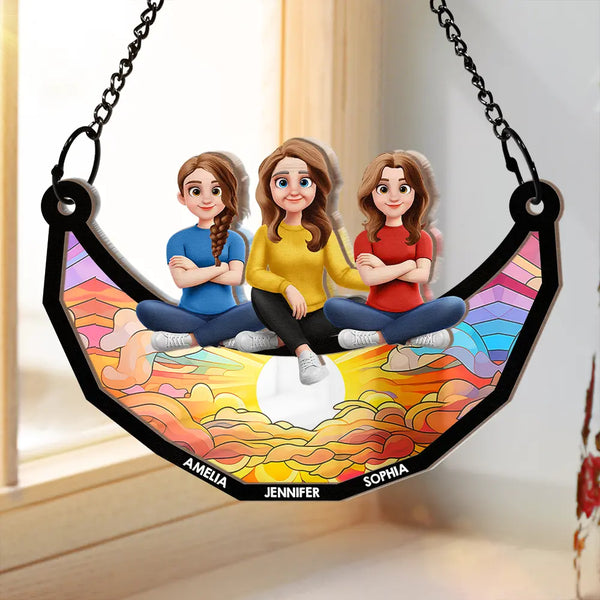 Gift For Mother,Mom - Children,Gift For Grandma,Love - Mother And Children Sitting On The Moon 3D Effect - Personalized Window Hanging Suncatcher Ornament