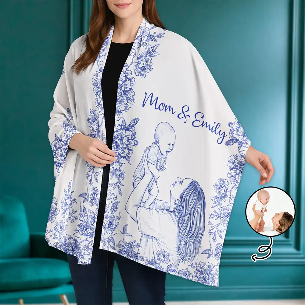 Gift For Mother,Gift For Grandma,Gift For Women,Love - Custom Photo Pencil Sketch Mom Grandma And Kid - Personalized Lightweight Soft Shawl