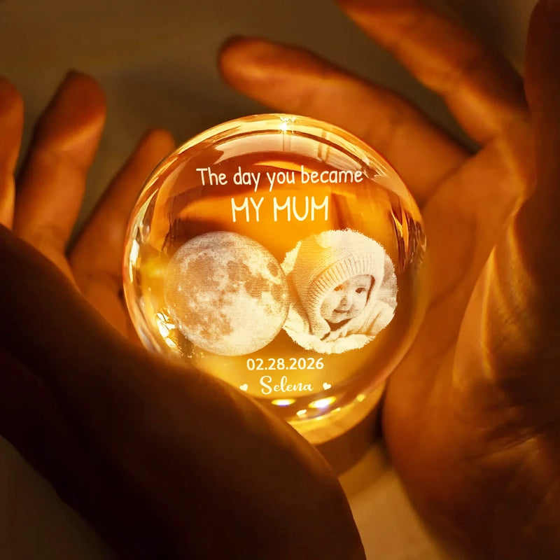 Custom Photo,New Mom,New baby,Happy - Custom Photo Moon Phase The Night You Became My Mom - Personalized Crystal Globe Lamp