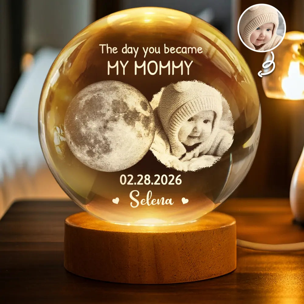 Custom Photo,New Mom,New baby,Happy - Custom Photo Moon Phase The Night You Became My Mom - Personalized Crystal Globe Lamp