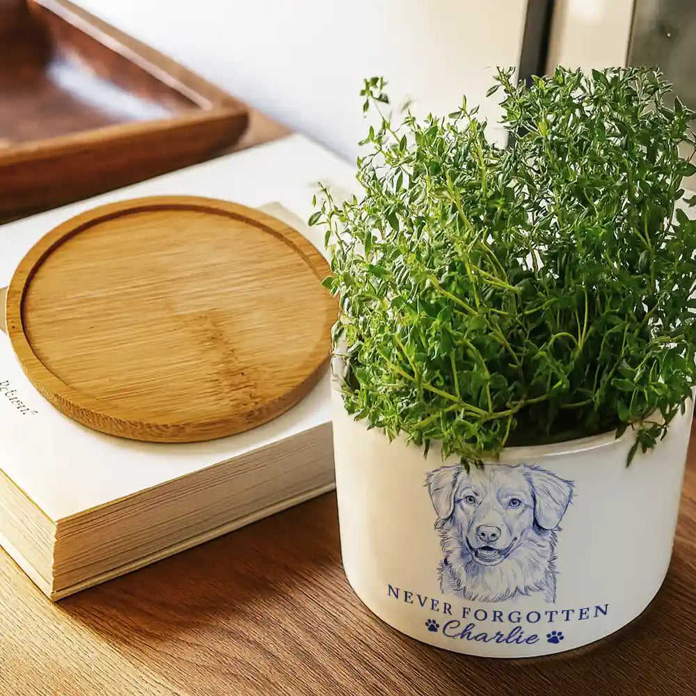 Custom Photo,Memorial,Pet Lovers,Pet Dad,Sad - Custom Photo Pencil Sketch Pet Memorial Never Forgotten - Personalized Ceramic Plant Pot