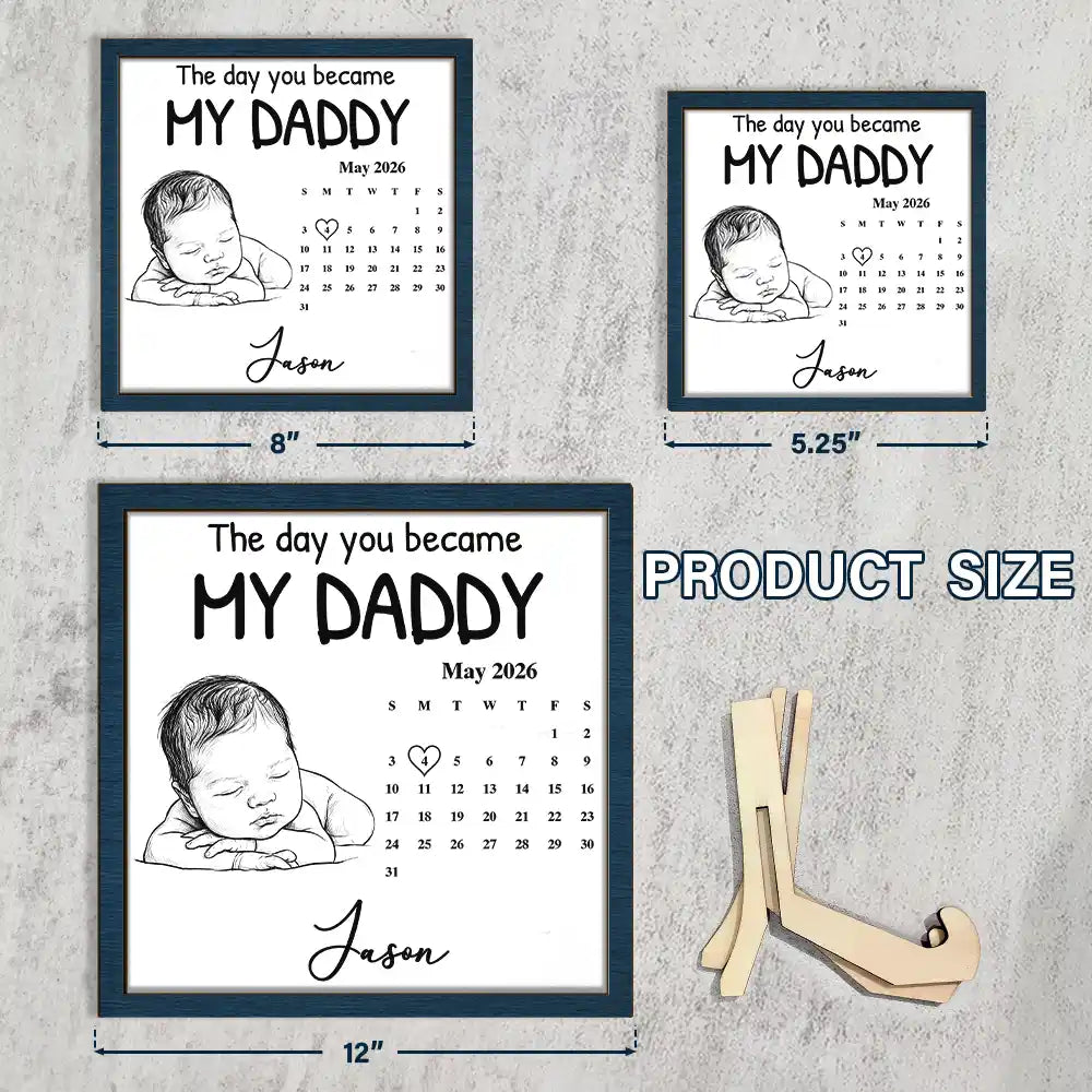 Custom Photo,New Dad,New Mom,New baby,Gift For Father,Photo - Pencil Sketch,Calendar,Adorable - Custom Photo Pencil Sketch Calendar The Day You Became My Mom Dad - Personalized 2-Layered Wooden Plaque With Stand