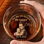 Gift For Father,New Dad,New baby,Custom Photo,Non-Eng,Photo - Pencil Sketch (Dark BG),Adorable - Custom Photo White Pencil Sketch Art The Day You Became My Mom Dad - Personalized Engraved Whiskey Glass