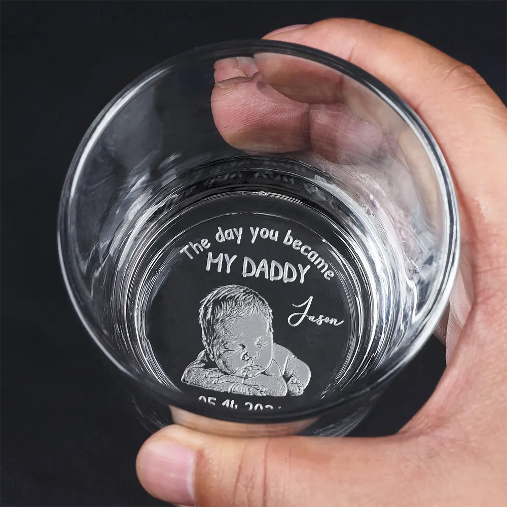 Gift For Father,New Dad,New baby,Custom Photo,Non-Eng,Photo - Pencil Sketch (Dark BG),Adorable - Custom Photo White Pencil Sketch Art The Day You Became My Mom Dad - Personalized Engraved Whiskey Glass