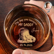 Gift For Father,New Dad,New baby,Custom Photo,Non-Eng,Photo - Pencil Sketch (Dark BG),Adorable - Custom Photo White Pencil Sketch Art The Day You Became My Mom Dad - Personalized Engraved Whiskey Glass