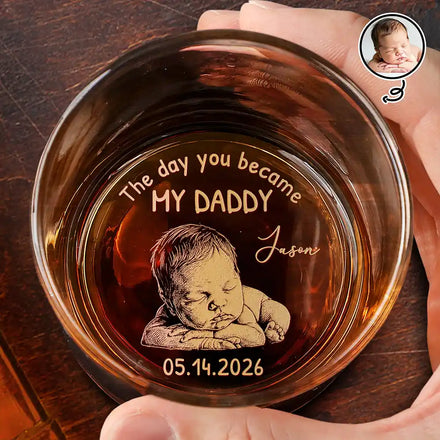 Custom Photo White Pencil Sketch Art The Day You Became My Mom Dad - Personalized Engraved Whiskey Glass