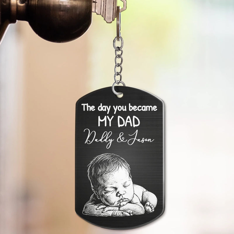 Gift For Father,New Dad,New baby,Photo - Pencil Sketch (Bold),Vector,Adorable - Custom Photo Bold Sketch The Day You Became My Mom Dad - Personalized Aluminum Keychain