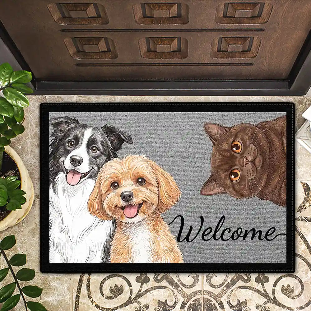 Custom Photo,Art Design,Pet Lovers,Top Market,Playful,Photo - Colored Pencil  - Custom Photo Colored Pencil Sketch Pet Dog Cat Portrait Welcome Home - Personalized Doormat