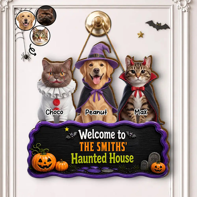 Art Design,Playful,Halloween,Pet Lovers,Photo - Halloween Theme Accessories 3D Cartoon - Custom Photo 3D Halloween Themed Pet Welcome To Haunted House - Personalized Custom Shaped Wood Sign