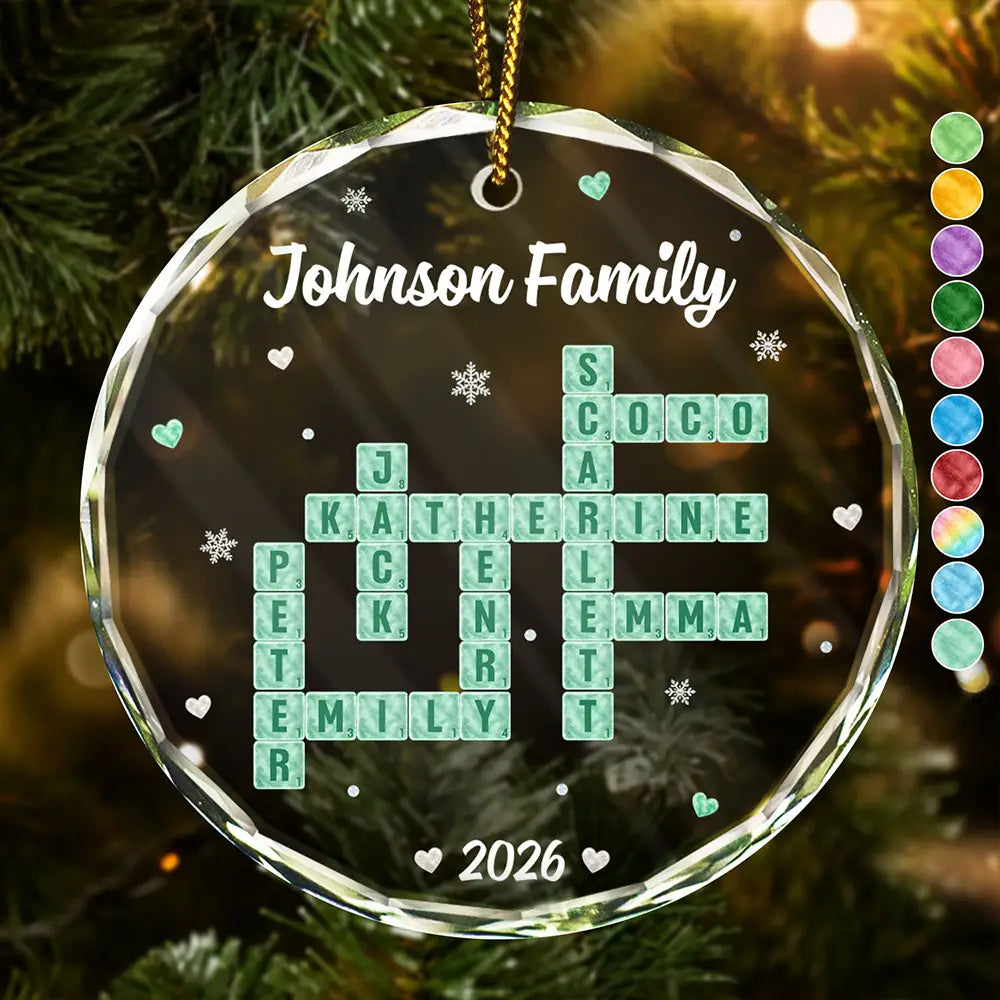 Christmas,Crossword,Family,Sentimental - Christmas Gifts For Family - Personalized Crossword Sea Glass Family Name Circle Glass Ornament