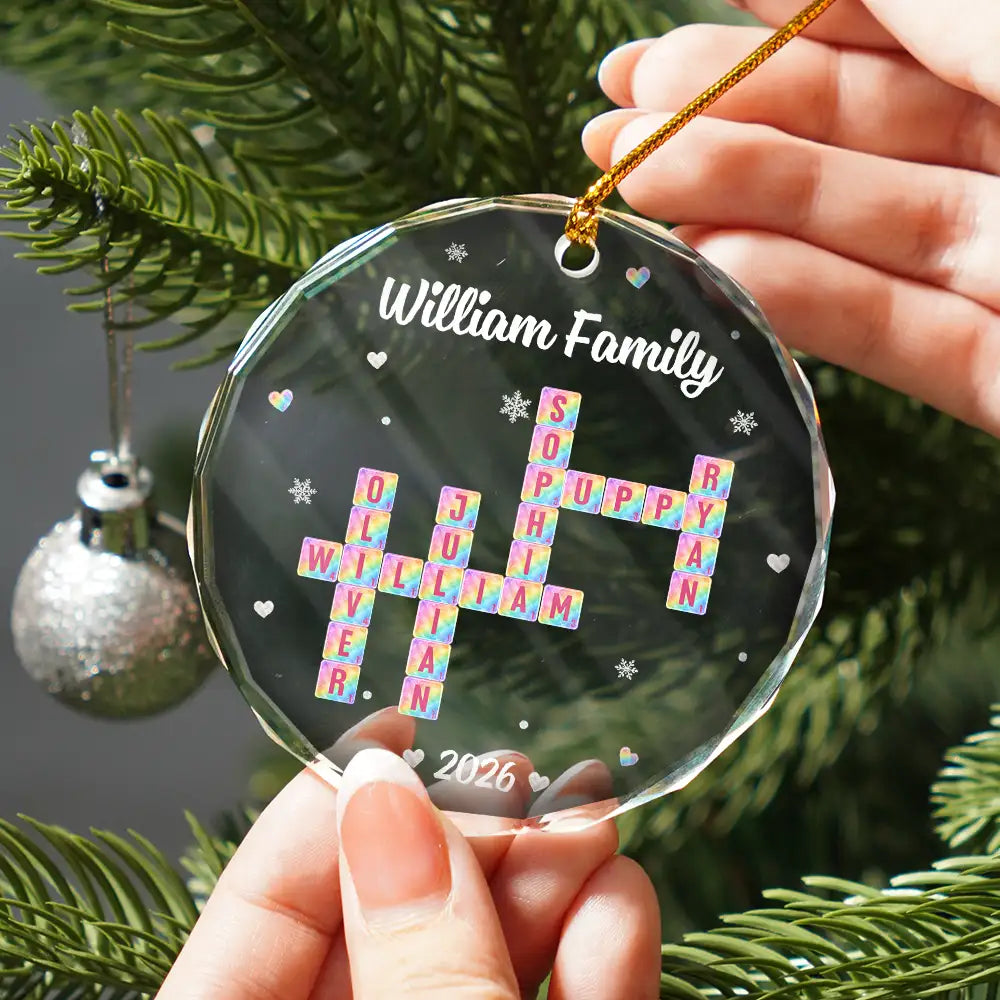 Christmas,Crossword,Family,Sentimental - Christmas Gifts For Family - Personalized Crossword Sea Glass Family Name Circle Glass Ornament