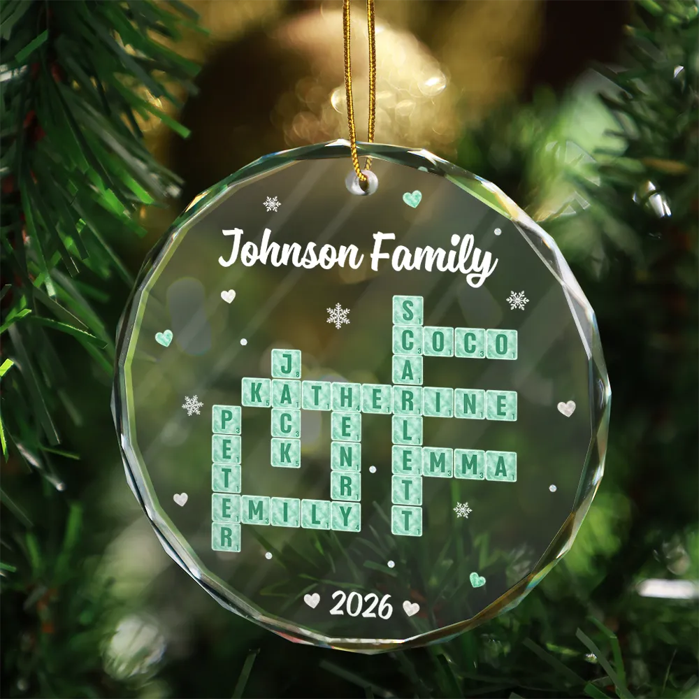 Christmas,Crossword,Family,Sentimental - Christmas Gifts For Family - Personalized Crossword Sea Glass Family Name Circle Glass Ornament