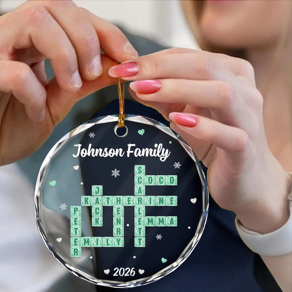 Christmas,Crossword,Family,Sentimental - Christmas Gifts For Family - Personalized Crossword Sea Glass Family Name Circle Glass Ornament