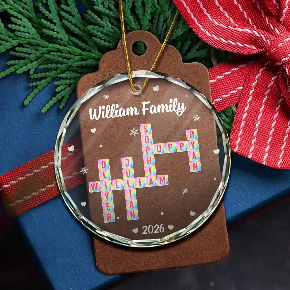 Christmas,Crossword,Family,Sentimental - Christmas Gifts For Family - Personalized Crossword Sea Glass Family Name Circle Glass Ornament
