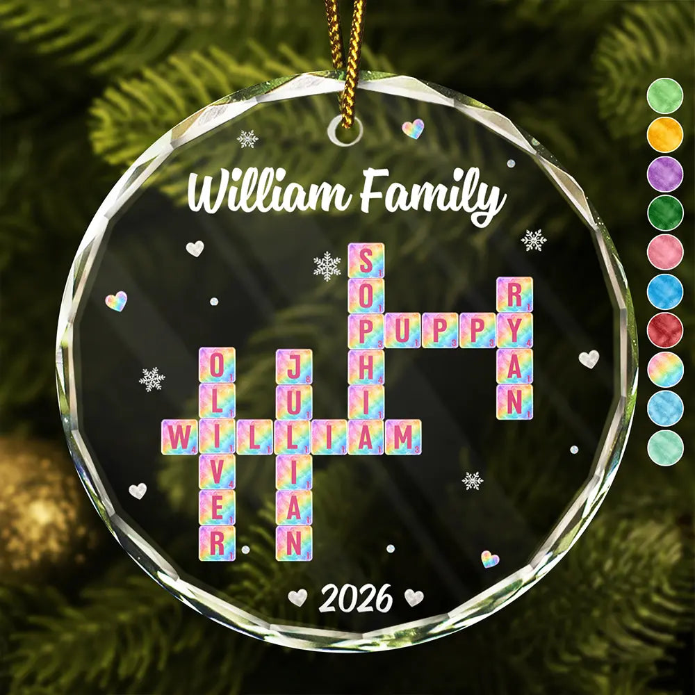 Christmas Gifts For Family - Personalized Crossword Sea Glass Family Name Circle Glass Ornament