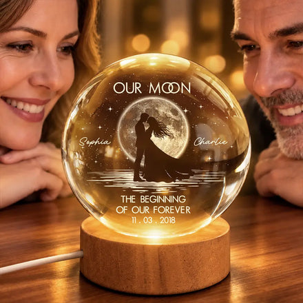 Anniversary Gift For Couples - Personalized Moon Phase Kissing Under Moonlight Crystal Globe Lamp