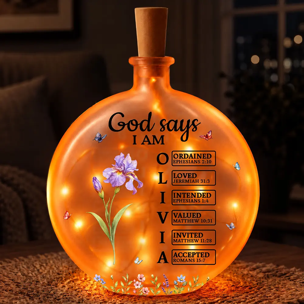 Christian,Christianity,Devoted,Gift For Women,Gift For Yourself,Gifts For Her,Icon,Top Market - Birthday Gift For Her, Daughter, Granddaughter - Personalized Birth Flower God Says You Are Round Flat Bottle Light