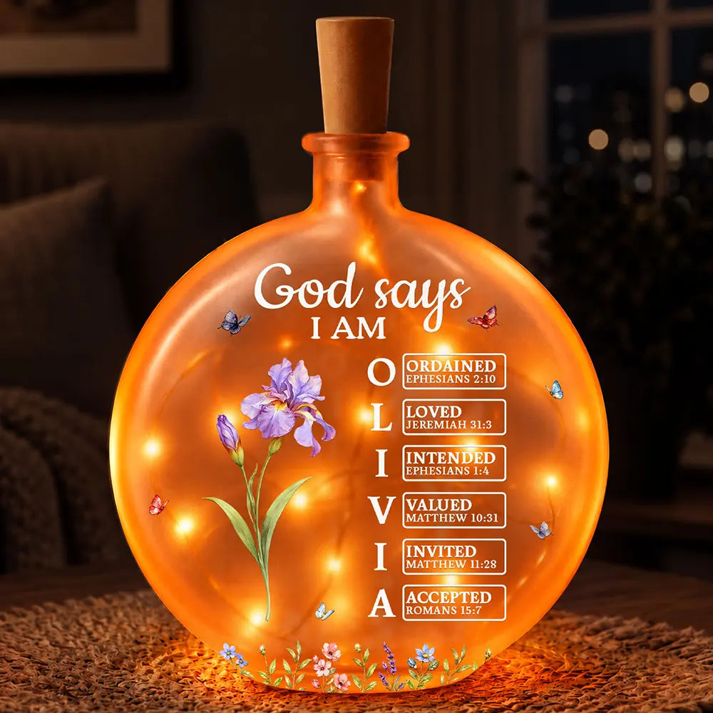Christian,Christianity,Devoted,Gift For Women,Gift For Yourself,Gifts For Her,Icon,Top Market - Birthday Gift For Her, Daughter, Granddaughter - Personalized Birth Flower God Says You Are Round Flat Bottle Light