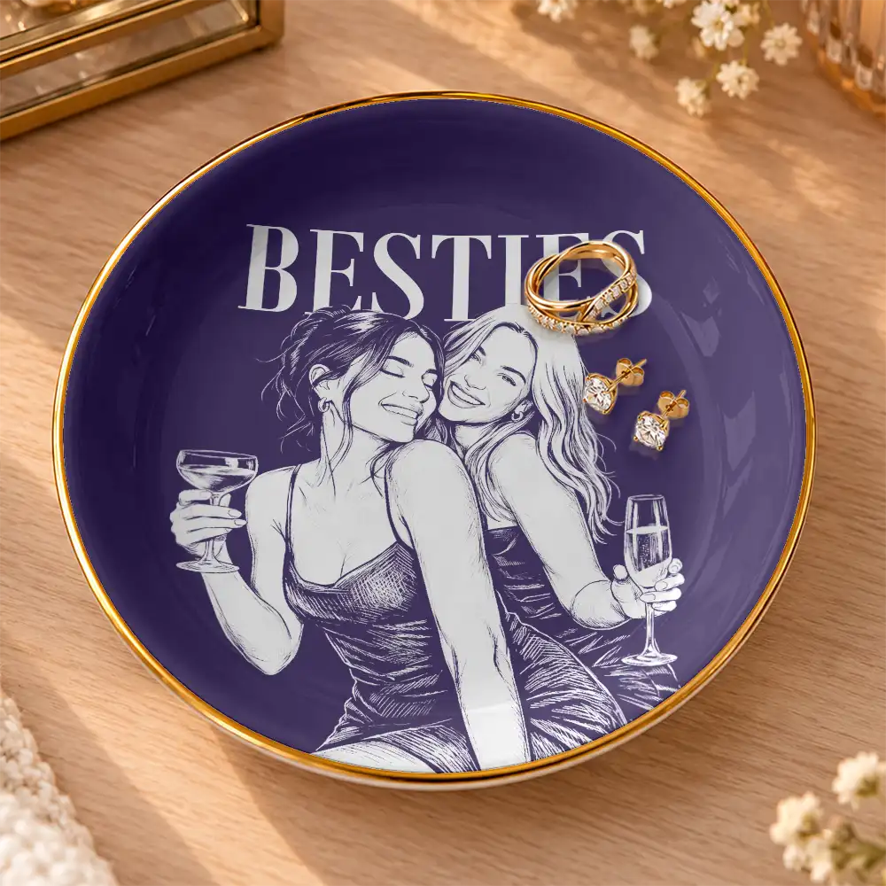 Afro Besties,Art Design,Christmas,Custom Photo,Gift For Bestie,Photo - Pencil Sketch - Dark BG,Sentimental,Top Market - Just Because Gift For Best Friend - Personalized Custom Photo Pencil Sketch Ring Dish