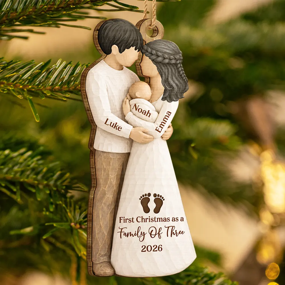 Adorable,Christmas,First Christmas,Gift For Mother,Gifts For Her,New Baby,New Mom,Top Market,Vector - First Christmas Gift For New Parents - Personalized Family Of Three Wooden Ornament