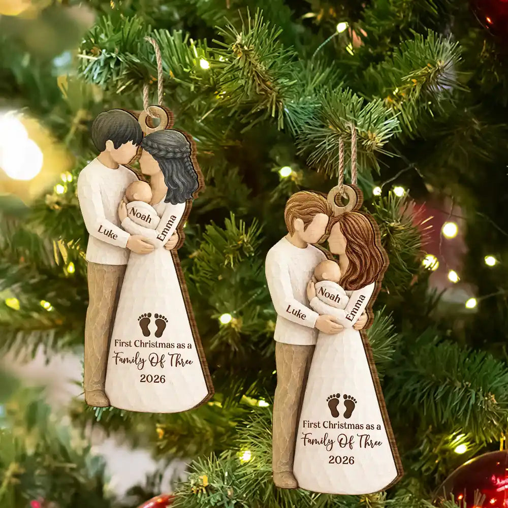 Adorable,Christmas,First Christmas,Gift For Mother,Gifts For Her,New Baby,New Mom,Top Market,Vector - First Christmas Gift For New Parents - Personalized Family Of Three Wooden Ornament