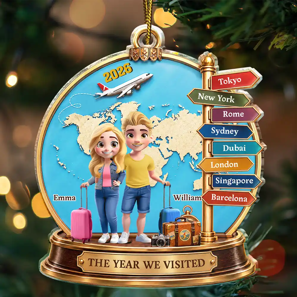 Christmas,Gift For Couples,Happy,Old Couples,Travel,Vector - Gift For Travel Lovers, Travel Couple - Personalized Destination Acrylic Ornament