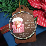 Adorable,Christmas,First Christmas,Gift For Kids,New Baby,Vector - First Christmas As Big Sister Gift - Personalized Circle Glass Ornament