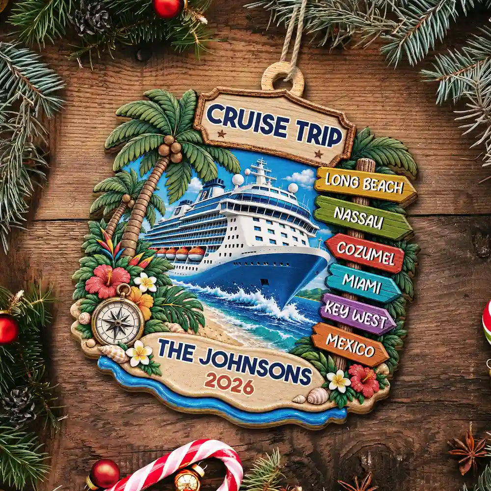 Christmas,Cruising,Family,Happy,Icon - Cruise Lover Gift - Personalized Family Vacation Wooden Ornament
