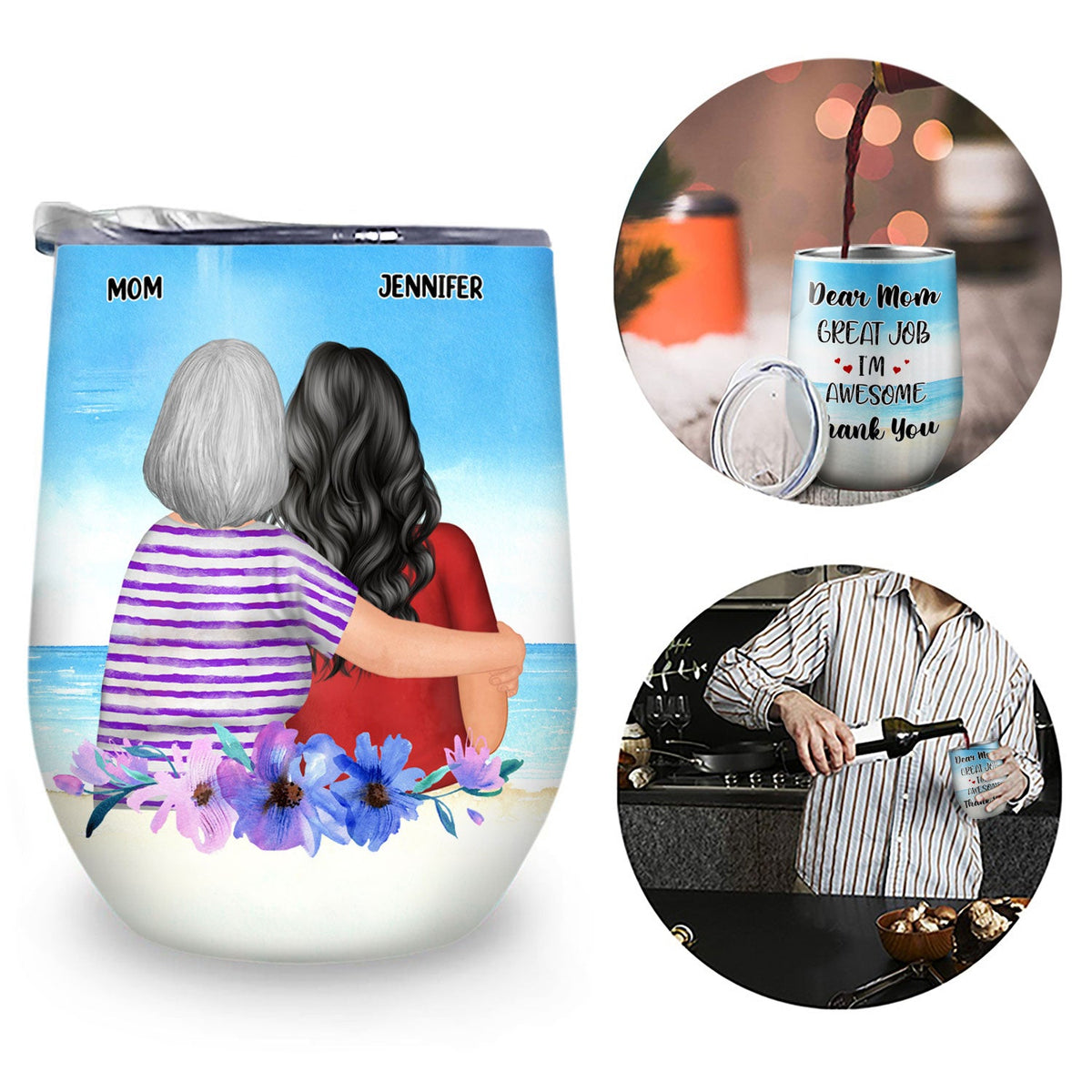 Mother Daughter Linked Together Watercolor Style - Birthday, Family Gift For Mom, Grandma, Granddaughter, Women - Personalized Custom Wine Tumbler