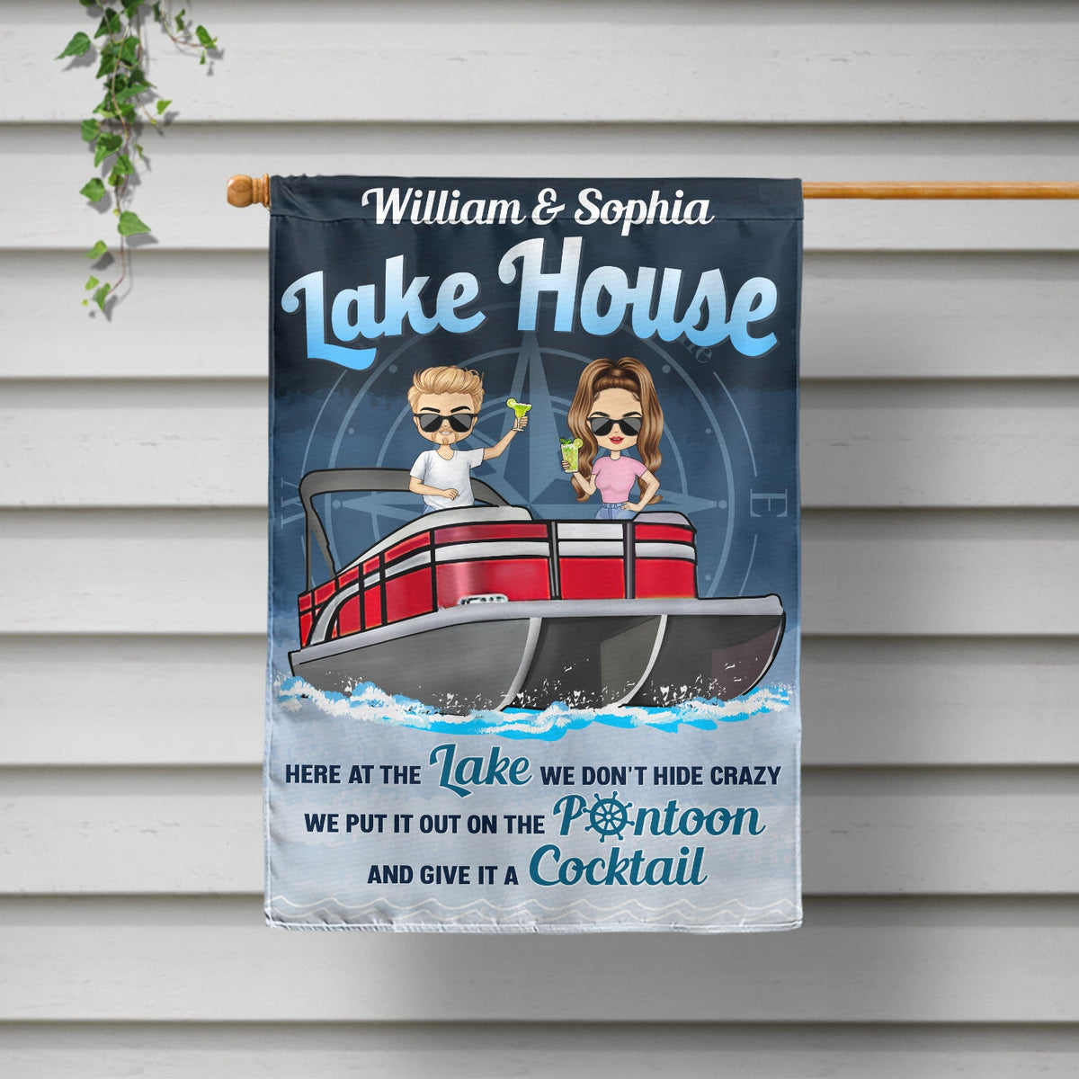 Pontoon Here At The Lake We Don't Hide Crazy - Home Decor, Backyard Decor, Lake House Decor, Gift For Pontooning Lovers, Couples, Husband, Wife - Personalized Custom Flag