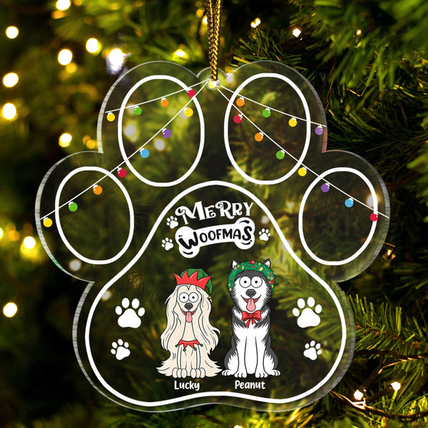 Paw Shape Merry Woofmas Funny Cartoon Dogs - Christmas Gift For Dog Lovers - Personalized Custom Shaped Acrylic Ornament