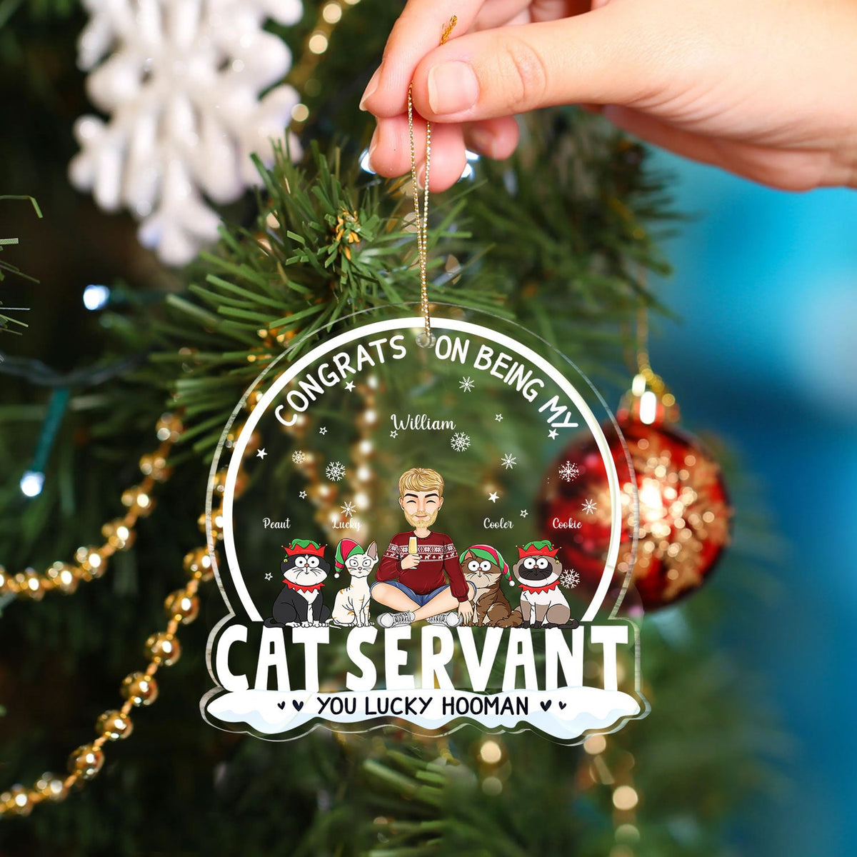 Congrats On Being My Cat Servant Funny Cartoon Style - Christmas Gift For Cat Lovers, Cat Moms, Cat Dads - Personalized Custom Shaped Acrylic Ornament
