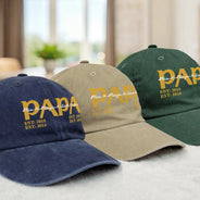 Gift For Father,Gift For Grandpa,Non-Eng,Custom Text,Proud - Papa Dad Est Year Custom Kid Name - Personalized Vintage Washed Denim Cap