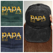 Papa Dad Est Year Custom Kid Name - Personalized Vintage Washed Denim Cap