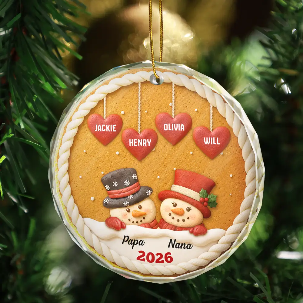 Christmas,Grandparents,Icon,Happy - Papa Nana Snowman Christmas Grandparents Cookie - Personalized Circle Glass Ornament