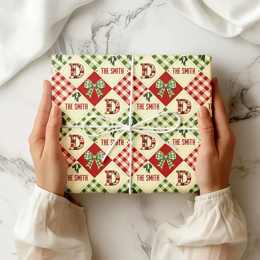 Family,Gift For Bestie,Happy - Patchwork Initial Custom Name With Bow And Plaid - Personalized Wrapping Paper