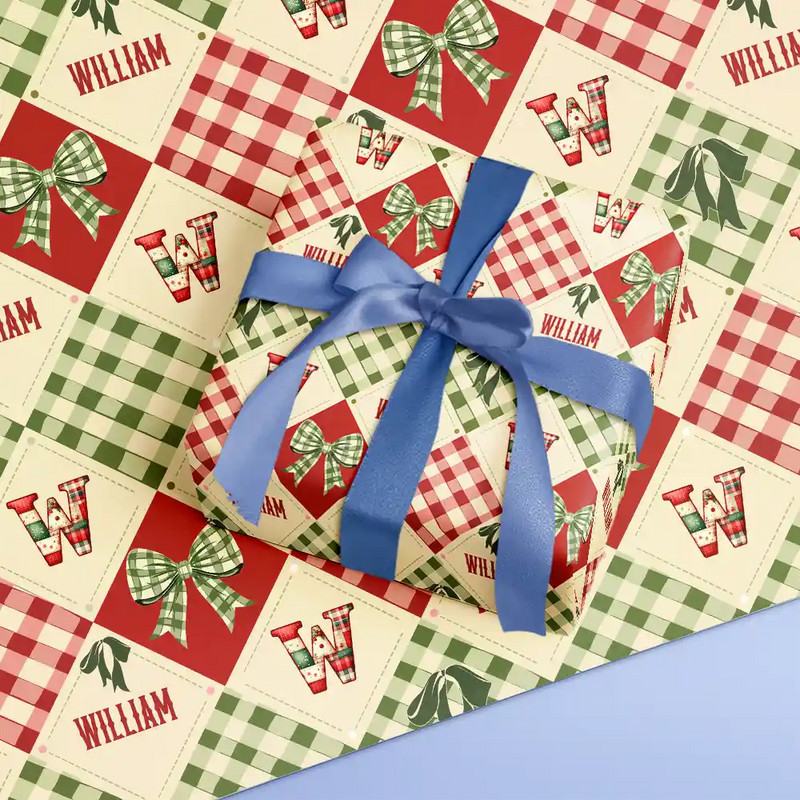 Family,Gift For Bestie,Happy - Patchwork Initial Custom Name With Bow And Plaid - Personalized Wrapping Paper
