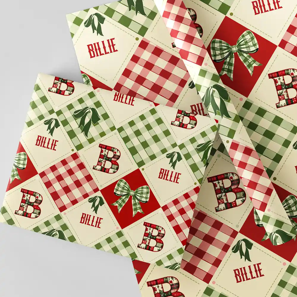 Family,Gift For Bestie,Happy - Patchwork Initial Custom Name With Bow And Plaid - Personalized Wrapping Paper