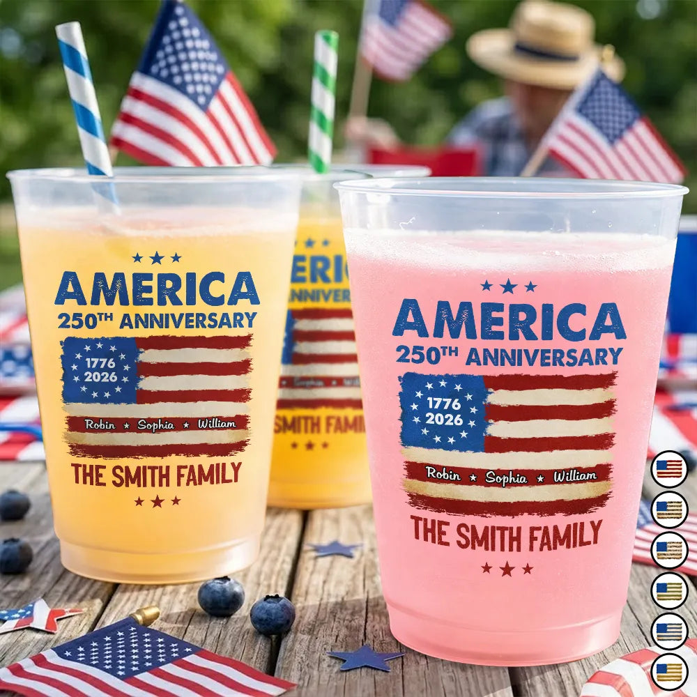 Family,Gift For Father,Gift For Grandpa,Gift For Mother,Gift For Grandma,Independence Day,Proud - Patriotic 250th Anniversary Family Names - Personalized Frosted Cups