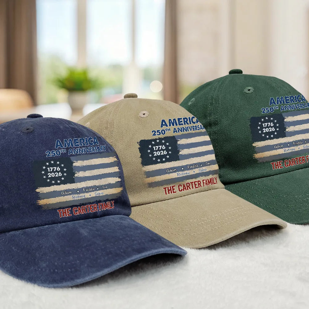 Independence Day,Family,Proud,Custom Text - Patriotic 250th Anniversary Family Names - Personalized Vintage Washed Denim Cap