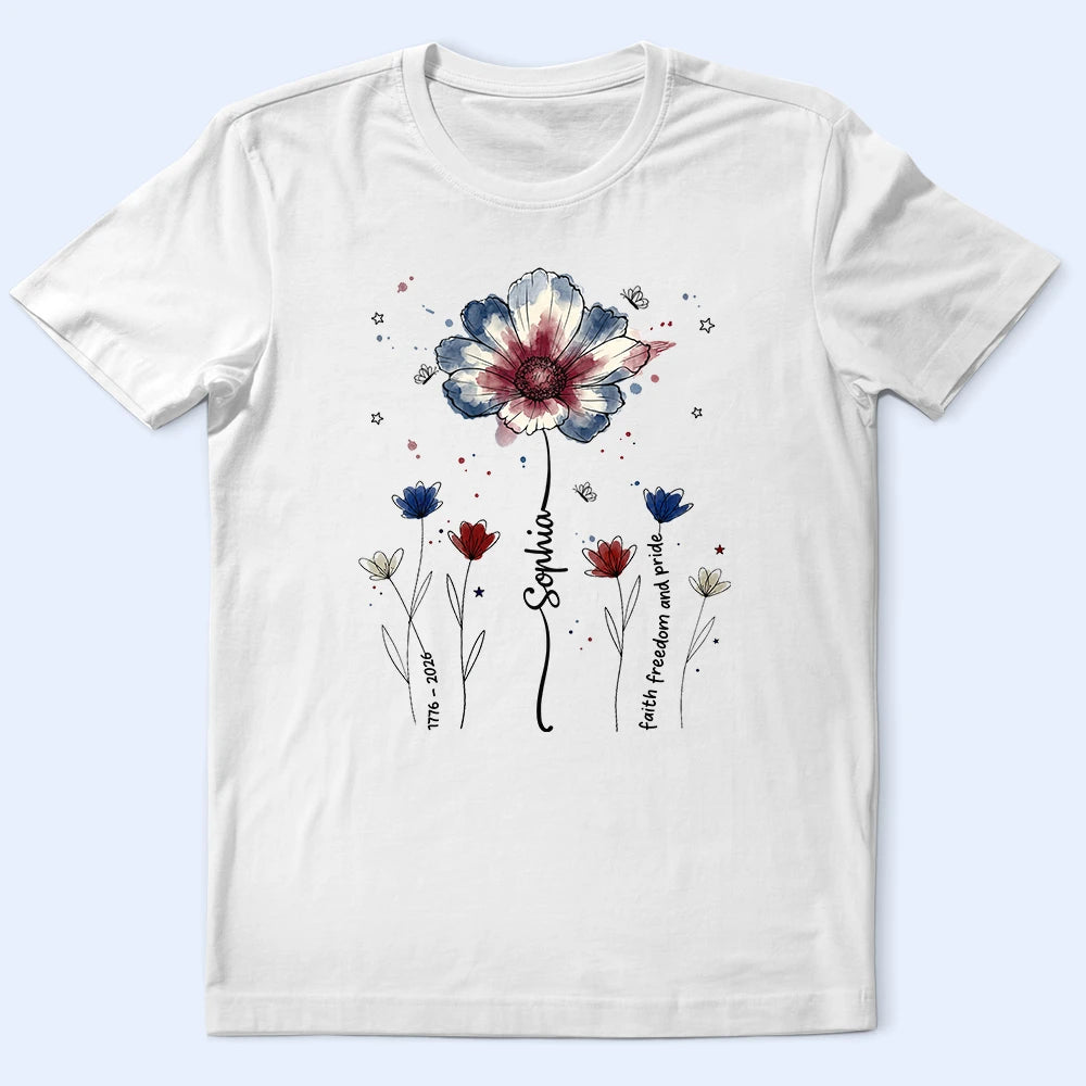 America 250th,Independence Day,Gift For Yourself,Proud,Icon - Patriotic Birth Flower Faith Freedom Pride - Personalized T Shirt