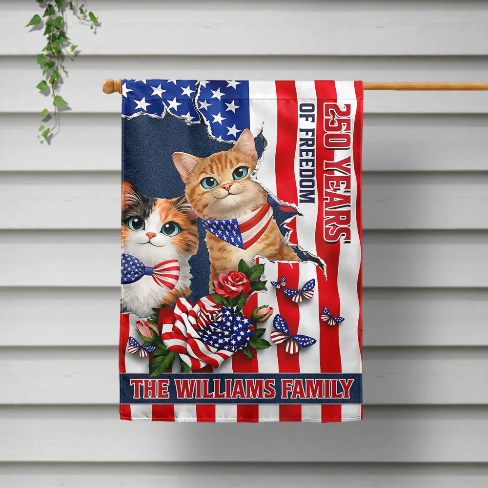 America 250th, Independence Day, Pet Lovers, Playful, Vector - Patriotic Dog Cat 250 Years Of Freedom - Personalized Flag